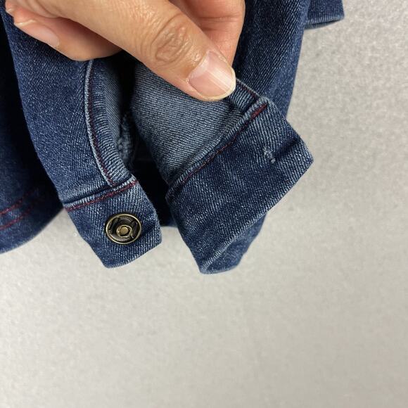 Aaron & Amber Denim Top Womens Large Blue Puff Sleeve Tie Neck Snap Button Heavy - Picture 16 of 16